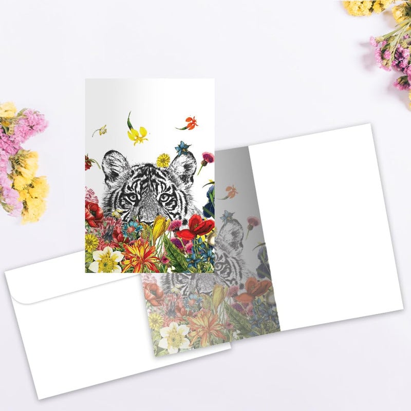 Tree-Free Greetings Flower Tiger All Occasion Cards - 12 Recycled 4x6 Notecards & White Envelopes, Thick Cardstock, Sustainably Made in USA - Jungle Animal Garden - Image 2
